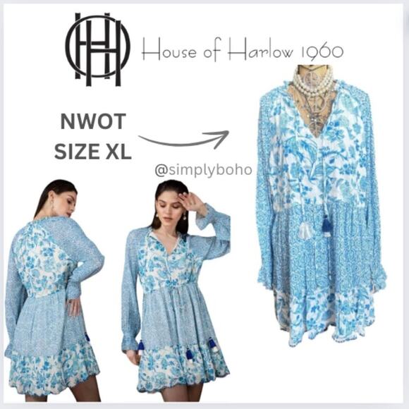 HOUSE OF HARLOW 1960 Mini Boho Blue Floral Babydoll Fringe Tassel Tie Dress - XL